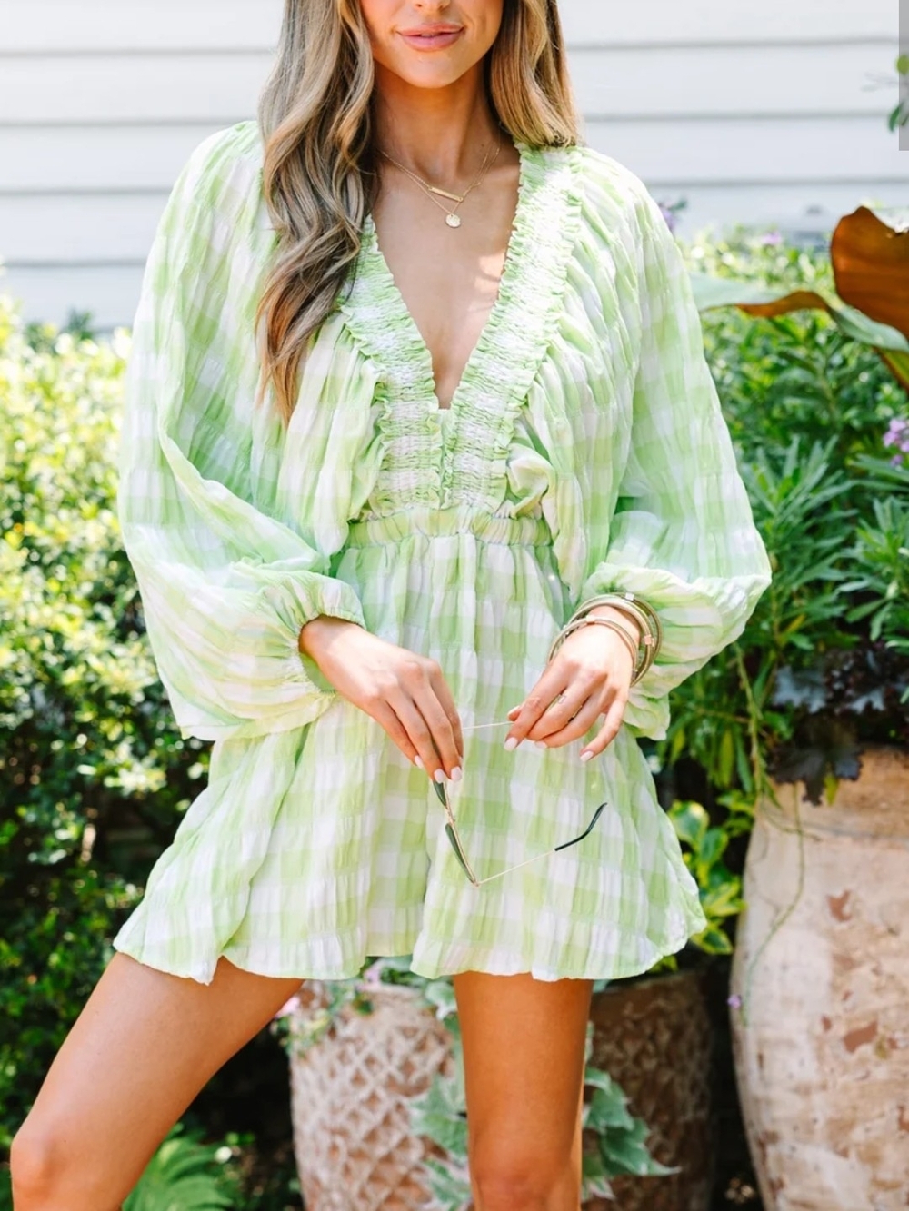 MABLE_ LIGHT PURPLE Gingham Ruffle V-Neck Mini ROMPER